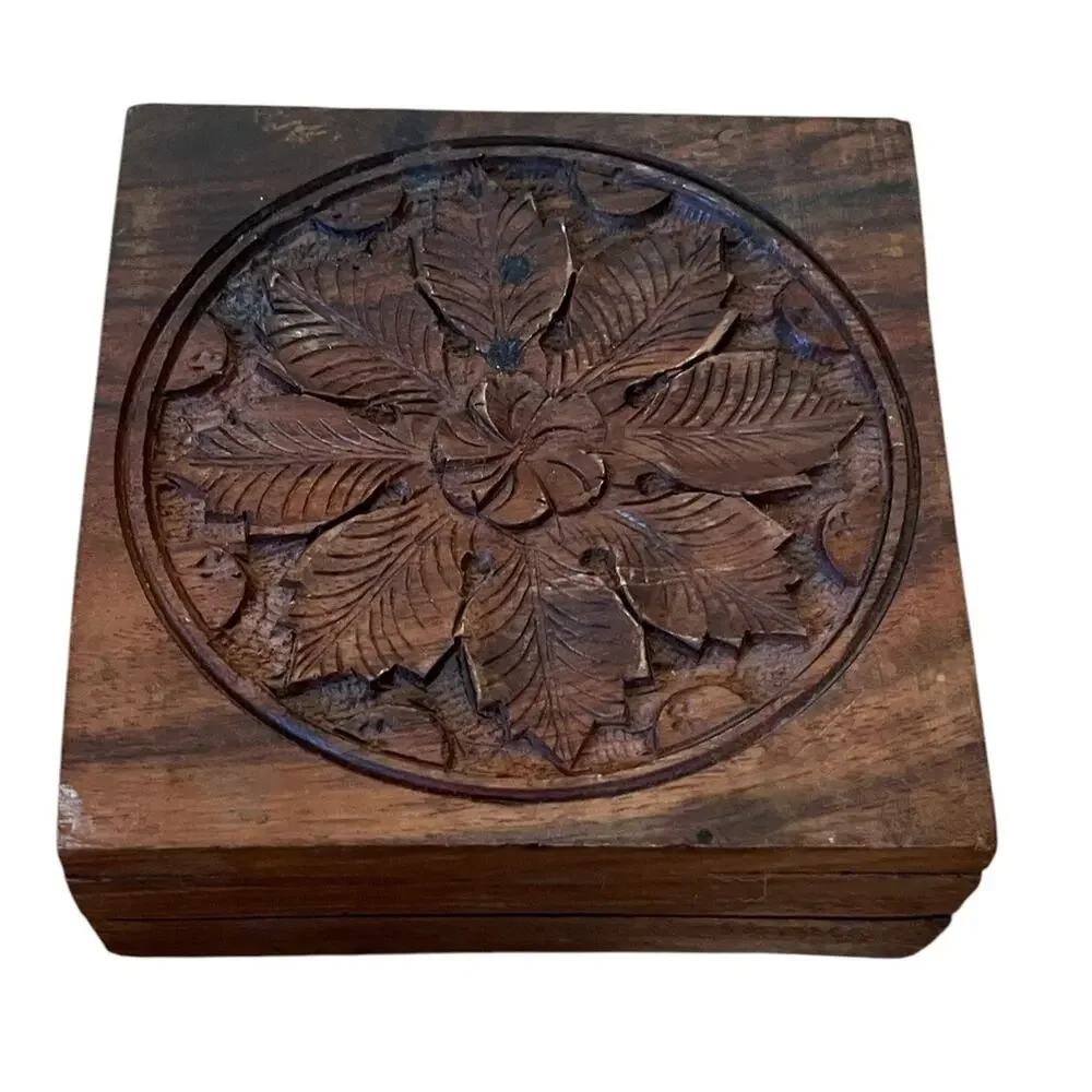 Vintage Hand Carved Wooden Trinket/Jewelry Box Hinged Leaves India 5” Square